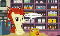 Size: 4200x2520 | Tagged: safe, artist:a4r91n, derpibooru import, oc, oc:para focului, unofficial characters only, earth pony, pony, advertising, alcohol, barrels, bottle, cash register, counter, fan, food, jar, looking at you, shelf, shop