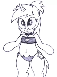 Size: 2000x2700 | Tagged: suggestive, artist:an-tonio, derpibooru import, oc, oc:silver draw, unofficial characters only, pony, unicorn, bandeau, bell collar, belly button, bipedal, boob window, bra, bra on pony, cat keyhole bra set, cat lingerie, chest fluff, clothes, collar, female, freckles, frilly underwear, grayscale, lingerie, monochrome, panties, side knot underwear, solo, solo female, traditional art, underwear