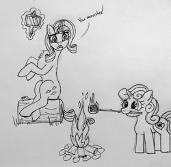 Size: 1802x1760 | Tagged: artist needed, campfire, cannibalism, derpibooru import, fire, food, glowing horn, magic, marshmallow, mirror, monochrome, rarity, rarity is a marshmallow, roasting, safe, sweetie belle, sweetie belle is a marshmallow too, telekinesis, traditional art