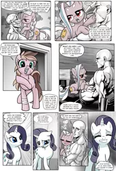 Size: 1309x1920 | Tagged: safe, artist:pencils, derpibooru import, rarity, oc, oc:anon, oc:mascara maroon, oc:papyra maroon, earth pony, human, pony, unicorn, comic:anon's pie adventure, bandage, bedroom eyes, bioshock, blushing, boop, bracer, braid, clothes, comic, cute, disappointed, eyes closed, female, filly, frown, glare, grin, holding a pony, hoof in mouth, hug, human male, innuendo, jealous, looking back, male, mare, muscles, music notes, nervous, open mouth, pouting, prone, smiling, sweat, teeth, topless, uncomfortable, underhoof, whispering, would you kindly