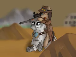 Size: 4000x3000 | Tagged: safe, artist:thebluburb, derpibooru import, oc, oc:cogs fixmore, oc:silvia the gryphon, unofficial characters only, gryphon, fallout equestria, goggles, gun, rifle, weapon