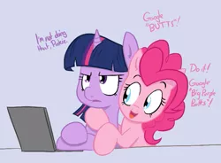 Size: 713x526 | Tagged: suggestive, artist:shoutingisfun, derpibooru import, pinkie pie, twilight sparkle, earth pony, pony, unicorn, annoyed, blue background, butts, computer, dialogue, female, frown, glare, hug, laptop computer, mare, open mouth, peer pressure, simple background, smiling, twilight is not amused, unamused, unicorn twilight