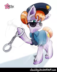 Size: 634x800 | Tagged: artist:clouddg, cap, clothes, copper top, cuffs, derpibooru import, hat, manehattan, necktie, police officer, police uniform, raised hoof, safe, signature, solo, sunglasses, the gift of the maud pie, uniform