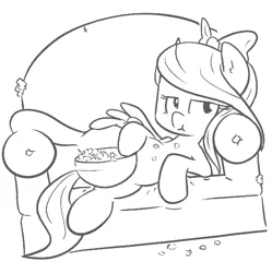 Size: 576x579 | Tagged: artist:shoutingisfun, bow, couch, derpibooru import, eating, flitter, food, furniture, hair bow, lazy, lineart, looking at you, love seat, monochrome, popcorn, reclining, safe, solo