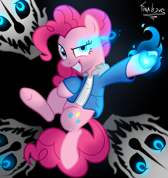 Size: 1600x1700 | Tagged: artist:tina-de-love, bad time, clothes, crossover, derpibooru import, gaster blaster, glowing eye, grin, jacket, megalovania, pinkie pie, safe, sans pie, sans (undertale), solo, soul, spoilers for another series, undertale, vector