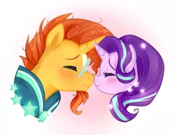 Size: 1127x876 | Tagged: safe, artist:0biter, derpibooru import, starlight glimmer, sunburst, blushing, boop, cute, eyes closed, female, gradient background, male, nose wrinkle, noseboop, shipping, smiling, starburst, straight