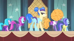 Size: 1280x720 | Tagged: safe, derpibooru import, screencap, blue cutie, foxxy trot, sapphire shores, pony, for whom the sweetie belle toils, afro, backup dancers, female, mare, plot