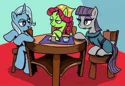 Size: 2136x1472 | Tagged: safe, artist:witkacy1994, derpibooru import, maud pie, tree hugger, trixie, pony, unicorn, chair, conversation, female, mare, napkins, sitting, table, talking