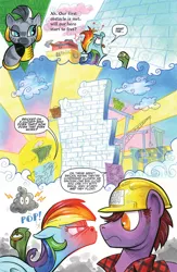 Size: 900x1384 | Tagged: safe, artist:andypriceart, derpibooru import, idw, plumb bob, rainbow dash, tank, zecora, pegasus, pony, tortoise, zebra, spoiler:comic, spoiler:comic41, brick, cloud brick, comic, dreary, ear piercing, earring, female, hard hat, jewelry, leg rings, male, mare, neck rings, piercing, preview, speech bubble, stallion