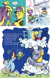 Size: 900x1384 | Tagged: safe, artist:andypriceart, derpibooru import, idw, plumb bob, rainbow dash, tank, zecora, pegasus, pony, tortoise, zebra, spoiler:comic, spoiler:comic41, ..., cloud, comic, dreary, female, flying, hard hat, lying on a cloud, male, mare, on a cloud, preview, speech bubble, stallion