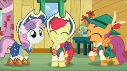 Size: 1588x888 | Tagged: apple bloom, boots, clothes, cow belle, cowboy boots, cowboy hat, cutie mark crusaders, derpibooru import, discovery family logo, hat, lederhosen, on your marks, safe, scootaloo, screencap, shoes, skirt, sweetie belle, yodeloo