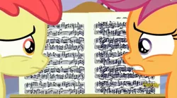Size: 2497x1385 | Tagged: apple bloom, concerned, derpibooru import, discovery family logo, music notes, on your marks, safe, scootaloo, screencap, sheet music