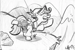 Size: 895x594 | Tagged: artist:wingbeatpony, clothes, derpibooru import, eyes closed, lederhosen, monochrome, mountain, on your marks, open mouth, raised hoof, raised leg, safe, scootaloo, solo, that was fast, yodeloo