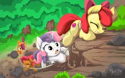 Size: 2560x1600 | Tagged: safe, artist:mysticalpha, derpibooru import, apple bloom, babs seed, scootaloo, sweetie belle, earth pony, pegasus, pony, unicorn, bow, cutie mark crusaders, eyes closed, female, filly, freckles, hair bow, mountain climbing, mouth hold, open mouth, rope, this will end in tears and/or death and/or covered in tree sap, tree sap and pine needles