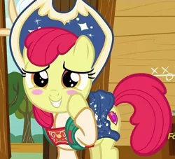 Size: 790x716 | Tagged: adorabloom, apple bloom, blushing, clothes, clubhouse, costume, crusaders clubhouse, cute, cutie mark, derpibooru import, dress, hoof on cheek, on your marks, out of context, plot, safe, skirt, skirt lift, skirt pull, solo, the cmc's cutie marks, we already got our mark