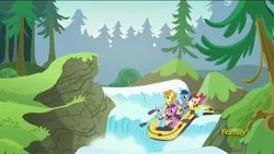 Size: 1920x1080 | Tagged: amethyst star, apple bloom, blues, carrot top, derpibooru import, discovery family logo, golden harvest, linky, noteworthy, oar, on your marks, raft, rapids, river, safe, screencap, shoeshine, tree