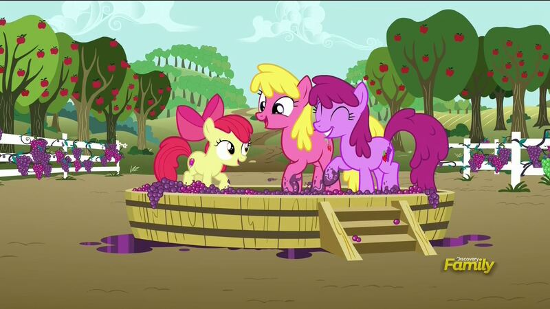Size: 1920x1080 | Tagged: safe, derpibooru import, screencap, apple bloom, berry punch, berryshine, cherry berry, on your marks, discovery family logo, female, food, grapes, grape stomping, grapevine, trio, trio female, vineyard