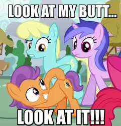 Size: 636x659 | Tagged: safe, derpibooru import, edit, edited screencap, screencap, apple bloom, sassaflash, sea swirl, seafoam, tender taps, earth pony, pony, on your marks, caption, colt, face down ass up, female, grin, image macro, look at my ass, male, mare, meme, plot, pointing