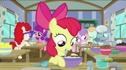 Size: 2048x1150 | Tagged: safe, derpibooru import, screencap, apple bloom, diamond tiara, lily longsocks, peach fuzz, silver spoon, twist, earth pony, pony, on your marks, baking, beaker, bowl, discovery family logo, female, filly, foal, food, lemon, mouth hold