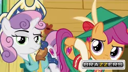 Size: 1275x718 | Tagged: suggestive, derpibooru import, edit, edited screencap, screencap, scootaloo, sweetie belle, pegasus, pony, unicorn, on your marks, brazzers, clothes, cow belle, cowgirl outfit, cutie mark, female, filly, implied foalcon, lederhosen, looking at you, plot, plot pair, the cmc's cutie marks, we already got our mark, yodeloo