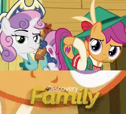 Size: 953x860 | Tagged: a family picture, clothes, costume, cow belle, cutie mark, derpibooru import, discovery family logo, edit, hat, lederhosen, on your marks, out of context, plot, raised eyebrow, safe, scootaloo, screencap, sweetie belle, the cmc's cutie marks, we already got our mark, yodeloo