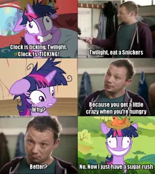 Size: 640x720 | Tagged: bird, bird nest, comic, crazy face, derpibooru import, edit, edited screencap, faic, image macro, lesson zero, meme, nice job breaking it hero, safe, screencap, screencap comic, snickers, twilight snapple, twilight sparkle, you're not you when you're hungry