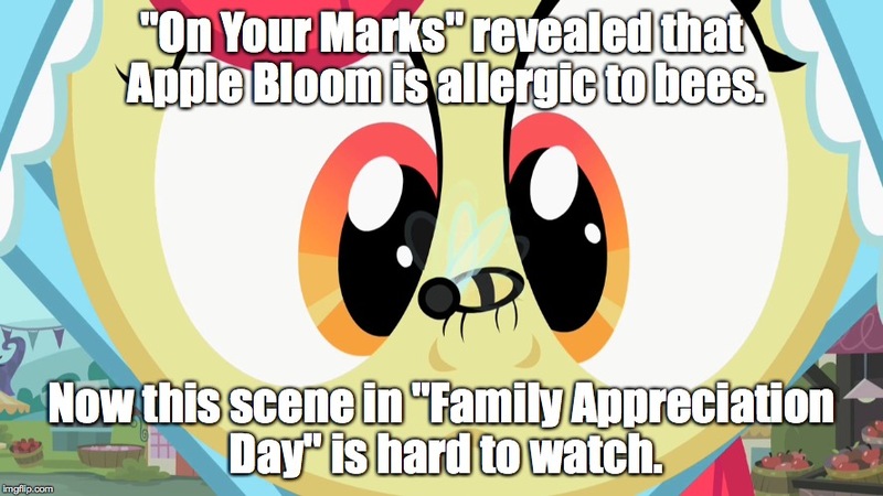 Size: 888x499 | Tagged: allergic, apple bloom, bee, derpibooru import, edit, edited screencap, family appreciation day, fridge horror, funny aneurysm moment, harsher in hindsight, hilarious in hindsight, image macro, meme, on your marks, safe, screencap, the implications are horrible