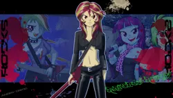 Size: 2560x1440 | Tagged: safe, artist:ngrycritic, artist:uotapo, derpibooru import, edit, cherry crash, mystery mint, rainbow dash, sunset shimmer, equestria girls, rainbow rocks, bass guitar, bra, choker, cleavage, clothes, electric guitar, fangs, female, guitar, microphone, musical instrument, open mouth, pants, scarf, signature, spiked choker, sunset shredder, underwear