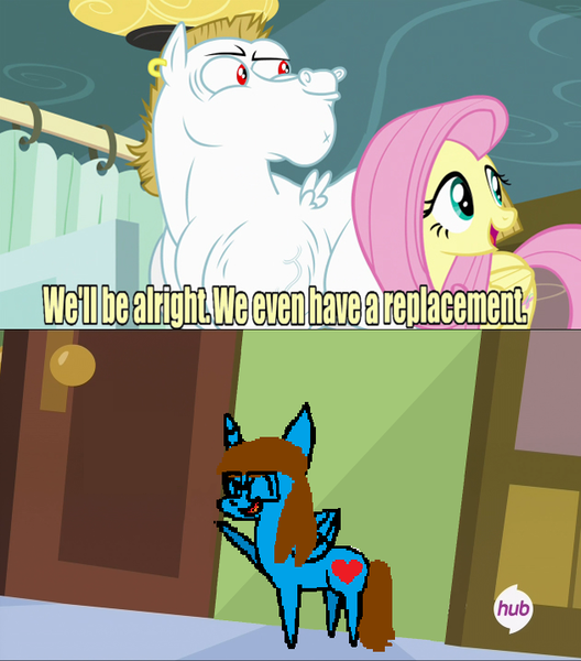 Size: 631x717 | Tagged: safe, derpibooru import, bulk biceps, fluttershy, oc, oc:sandra garcia, alicorn, pony, rainbow falls, 1000 hours in ms paint, alicorn oc, exploitable meme, meme, ms paint, replacement meme, waving