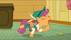 Size: 1365x767 | Tagged: clothes, derpibooru import, discovery family logo, lederhosen, on your marks, safe, scootaloo, screencap, solo, yodeling, yodeloo