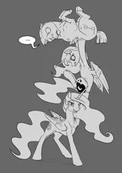 Size: 992x1403 | Tagged: safe, artist:silfoe, derpibooru import, bulk biceps, princess celestia, princess luna, alicorn, pegasus, pony, royal sketchbook, dialogue, do you even lift, female, gray background, grayscale, grin, looking at you, male, mare, meme, monochrome, simple background, smirk, stallion, strength, trio