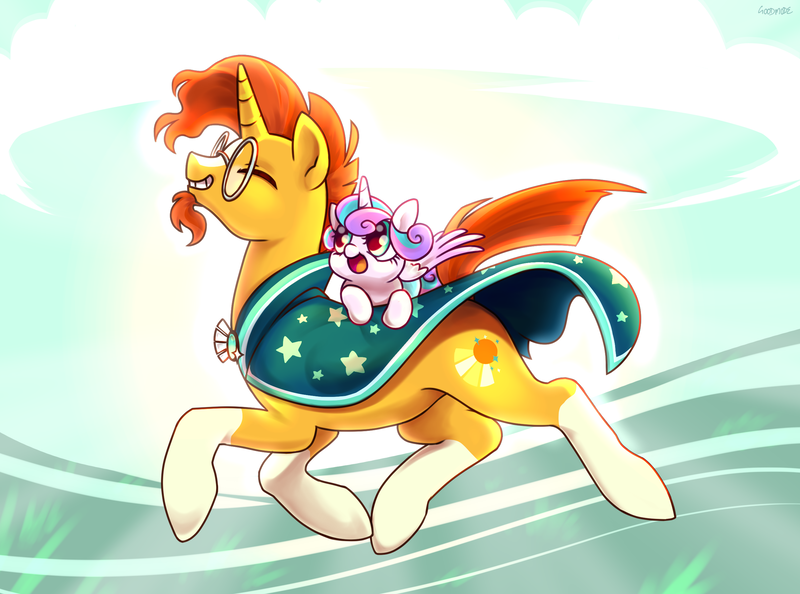 Size: 2544x1890 | Tagged: safe, artist:goodmode, deleted from derpibooru, derpibooru import, princess flurry heart, sunburst, alicorn, pony, unicorn, the crystalling, abstract background, cute, duo, female, filly, grin, male, ponies riding ponies, stallion, uncle sunburst