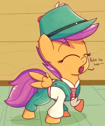 Size: 1769x2105 | Tagged: safe, artist:mr-degration, derpibooru import, scootaloo, pegasus, pony, on your marks, clothes, cute, cutealoo, eyes closed, female, filly, hat, lederhosen, scene interpretation, solo, that was fast, tyrolean, yodeling, yodeloo