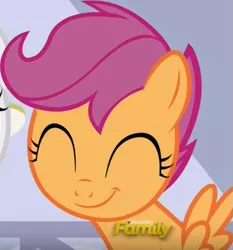 Size: 519x556 | Tagged: safe, derpibooru import, screencap, scootaloo, pegasus, pony, on your marks, cute, cutealoo, discovery family logo, eyes closed, female, filly, smiling, spread wings, wings