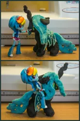 Size: 792x1200 | Tagged: safe, artist:valmiiki, derpibooru import, queen chrysalis, rainbow dash, changeling, changeling queen, equestria girls, cute, cutealis, dashabetes, doll, duo, duo female, equestria girls minis, eqventures of the minis, fangs, female, humans riding changelings, irl, photo, plushie, sewing machine, size difference, tongue out, toy