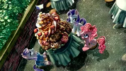 Size: 1500x844 | Tagged: safe, artist:lumelya, derpibooru import, maud pie, pinkie pie, rarity, earth pony, pony, unicorn, the gift of the maud pie, female, food, ice cream, scene interpretation, siblings, sisters, sundae, trio