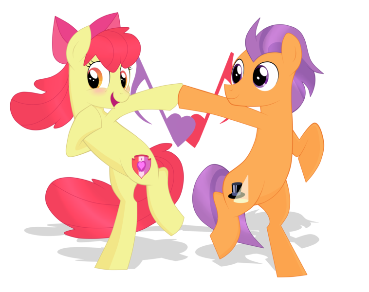 Size: 2967x2350 | Tagged: apple bloom, artist:riisusparkle, blushing, cutie mark, dancing, derpibooru import, female, male, on your marks, safe, shipping, straight, tenderbloom, tender taps, the cmc's cutie marks