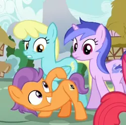 Size: 336x332 | Tagged: safe, derpibooru import, screencap, apple bloom, sassaflash, sea swirl, seafoam, tender taps, earth pony, pony, unicorn, on your marks, ass up, colt, female, look at my ass, male, mare, meme, out of context