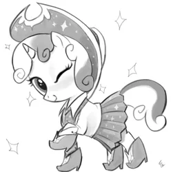 Size: 661x665 | Tagged: artist:ehfa, boots, clothes, cow belle, cowboy boots, cowboy hat, cute, derpibooru import, diasweetes, grayscale, hat, looking at you, monochrome, one eye closed, on your marks, safe, shoes, simple background, skirt, solo, sparkles, sweetie belle, white background, wink