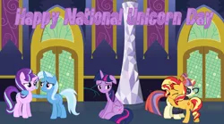 Size: 1024x570 | Tagged: safe, derpibooru import, moondancer, starlight glimmer, sunset shimmer, trixie, twilight sparkle, twilight sparkle (alicorn), alicorn, pony, unicorn, counterparts, floppy ears, hug, left out, missing rarity, moonset, national unicorn day, sad, twilight's castle, twilight's counterparts, unicorn master race, vector