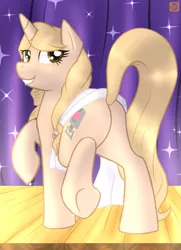 Size: 740x1023 | Tagged: safe, artist:rune-blad3, deleted from derpibooru, derpibooru import, oc, oc:taralicious, unofficial characters only, pony, unicorn, large butt, plot, solo, sparkles, stage, tara strong