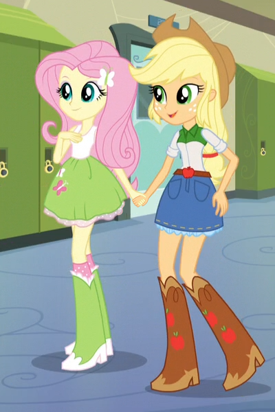 Size: 400x600 | Tagged: safe, derpibooru import, edit, edited screencap, screencap, applejack, fluttershy, equestria girls, friendship games, appleshy, boots, clothes, door, female, hallway, high heel boots, holding hands, implied lesbian, lesbian, lockers, shipping, skirt