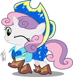 Size: 3000x3128 | Tagged: artist:mlp-scribbles, boots, clothes, cow belle, cowboy boots, cowboy hat, derpibooru import, hat, on your marks, safe, shoes, simple background, skirt, solo, stetson, sweetie belle, transparent background, vector, wink, wrong aspect ratio