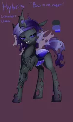 Size: 768x1280 | Tagged: safe, artist:whitenoiseghost, derpibooru import, oc, oc:hybris, unofficial characters only, changeling, purple changeling, reference sheet, solo