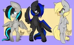 Size: 2851x1729 | Tagged: artist:teranen, colored pupils, derpibooru import, eyepatch, no catchlights, no pupils, oc, purple background, safe, semi-anthro, simple background, unofficial characters only, yellow background