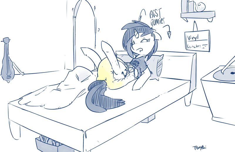 Size: 3000x1949 | Tagged: artist:ponykai, bed, bedroom, bedwetting, clothes, commission, derpibooru import, diaper, diaper fetish, pissing, poofy diaper, questionable, shirt, sketch, sleeping, solo, urine, vinyl scratch, wet diaper, wetting