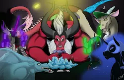 Size: 1024x663 | Tagged: safe, artist:chibiorochimaru, derpibooru import, discord, king sombra, lord tirek, nightmare moon, queen chrysalis, sonata dusk, siren, equestria girls, card, magic, poker, poker night, telekinesis, watermark