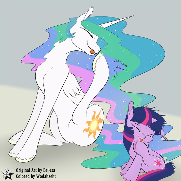 Size: 5000x5000 | Tagged: safe, artist:bri-sta, artist:wodahseht, derpibooru import, princess celestia, twilight sparkle, alicorn, pony, unicorn, :p, absurd resolution, active stretch, behaving like a dog, cute, cutelestia, duo, eyes closed, female, filly, filly twilight sparkle, floppy ears, fluffy, mare, missing accessory, scratching, sillestia, sitting, smiling, tongue out, twiabetes, unicorn twilight, unshorn fetlocks