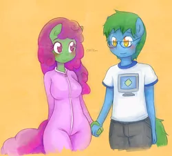 Size: 1100x995 | Tagged: anthro, artist:basketgardevoir, blushing, clothes, couple, derpibooru import, female, glasses, holding hands, jumpsuit, male, oc, oc:software patch, oc:windcatcher, safe, straight, t-shirt, unofficial characters only, windpatch