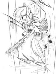 Size: 3000x4000 | Tagged: safe, artist:ncmares, derpibooru import, apple bloom, cyborg, earth pony, pony, fanfic, fanfic:night mares, black and white, fanfic art, female, filly, grayscale, gun, hooves, monochrome, optical sight, rifle, sketch, sniper, sniper rifle, solo, weapon